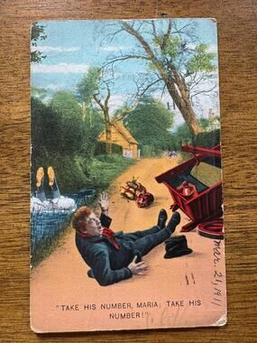 Vintage 1910 Bamforth Comic Postcard Take His Number Maria Carriage Accident